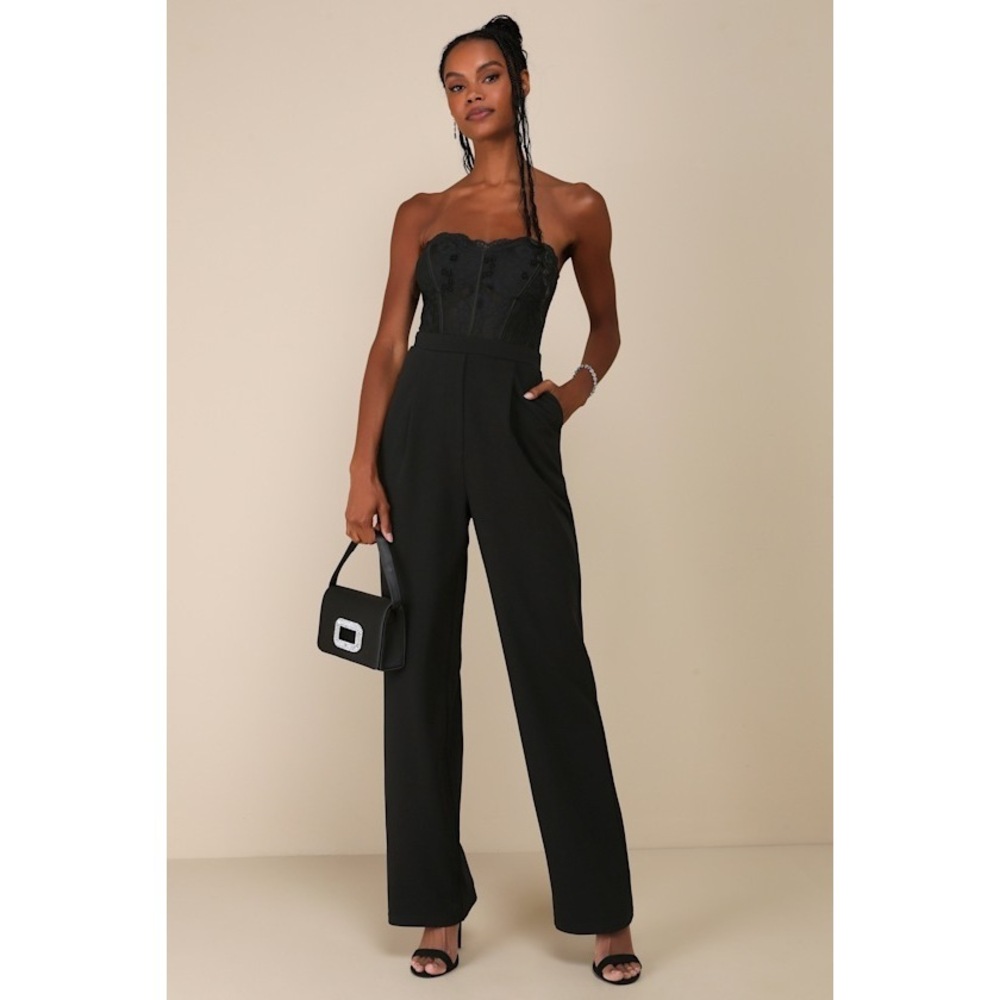 Lulus Positively Impressive Black Lace Strapless Bustier Jumpsuit - Size M